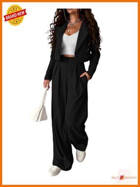 2 Piece Cropped Blazer Wide Leg Pants Suit Set Work Outfit